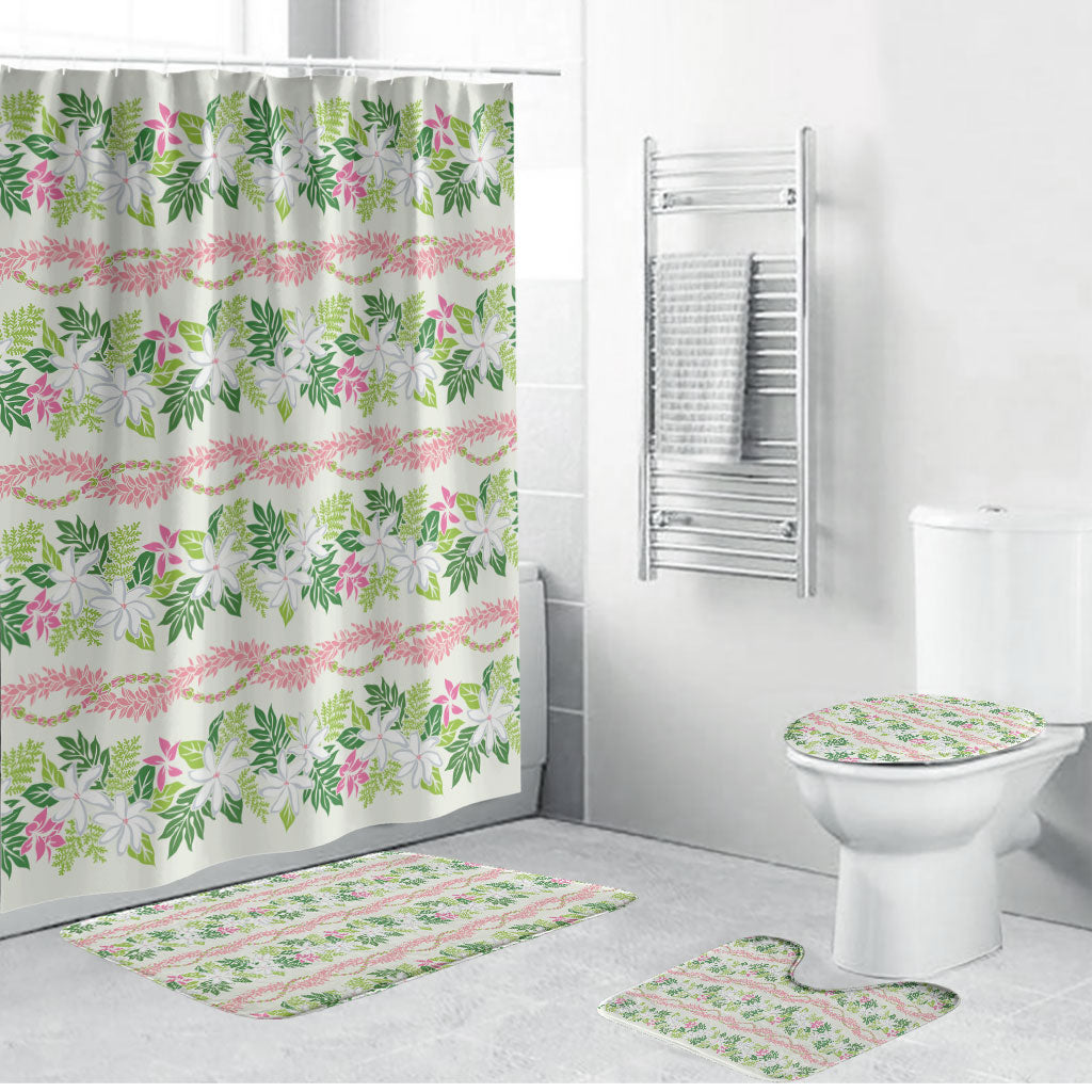 Monstera Tiare Plumeria Lei Pattern Bathroom Set Green Version LT01 Bathroom Set (4 pcs) Green - Polynesian Pride