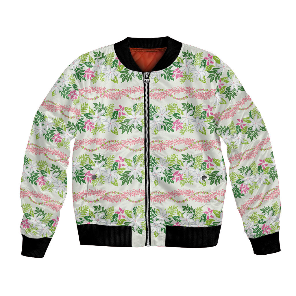 Monstera Tiare Plumeria Lei Pattern Bomber Jacket Green Version LT01 Unisex Green - Polynesian Pride