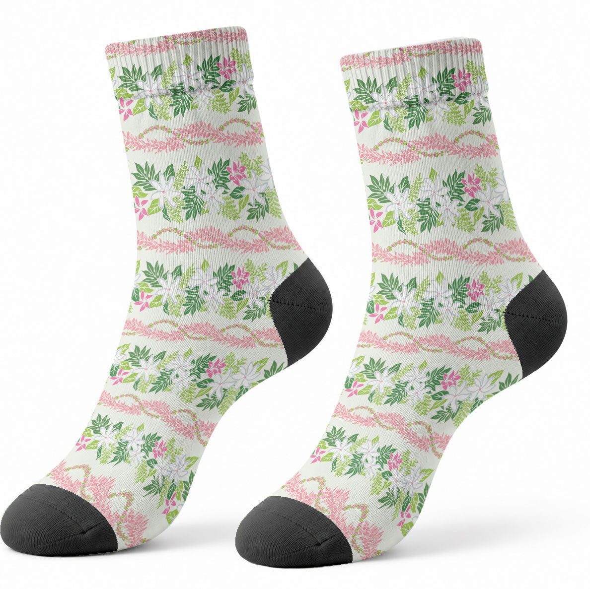 Monstera Tiare Plumeria Lei Pattern Crew Socks Green Version LT01 - Polynesian Pride