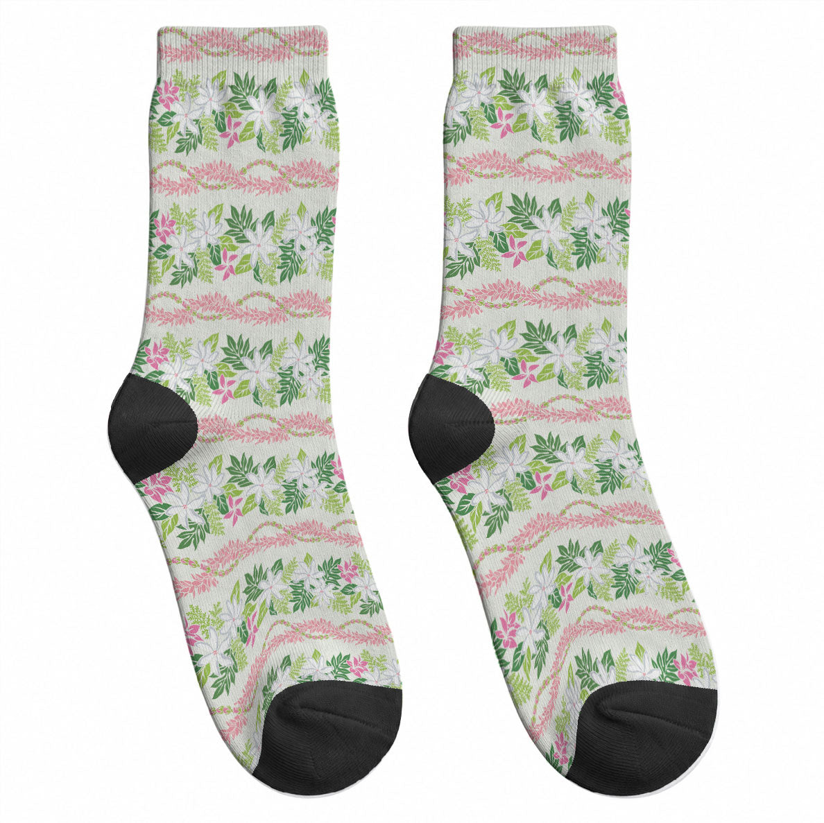 Monstera Tiare Plumeria Lei Pattern Crew Socks Green Version LT01 - Polynesian Pride
