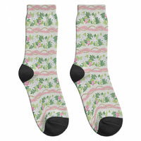 Monstera Tiare Plumeria Lei Pattern Crew Socks Green Version LT01 - Polynesian Pride