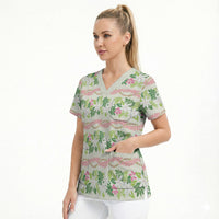 Monstera Tiare Plumeria Lei Pattern Scrub Top Green Version LT01 - Polynesian Pride
