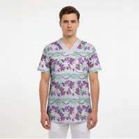 Monstera Tiare Plumeria Lei Pattern Scrub Top Purple Version LT01 - Polynesian Pride