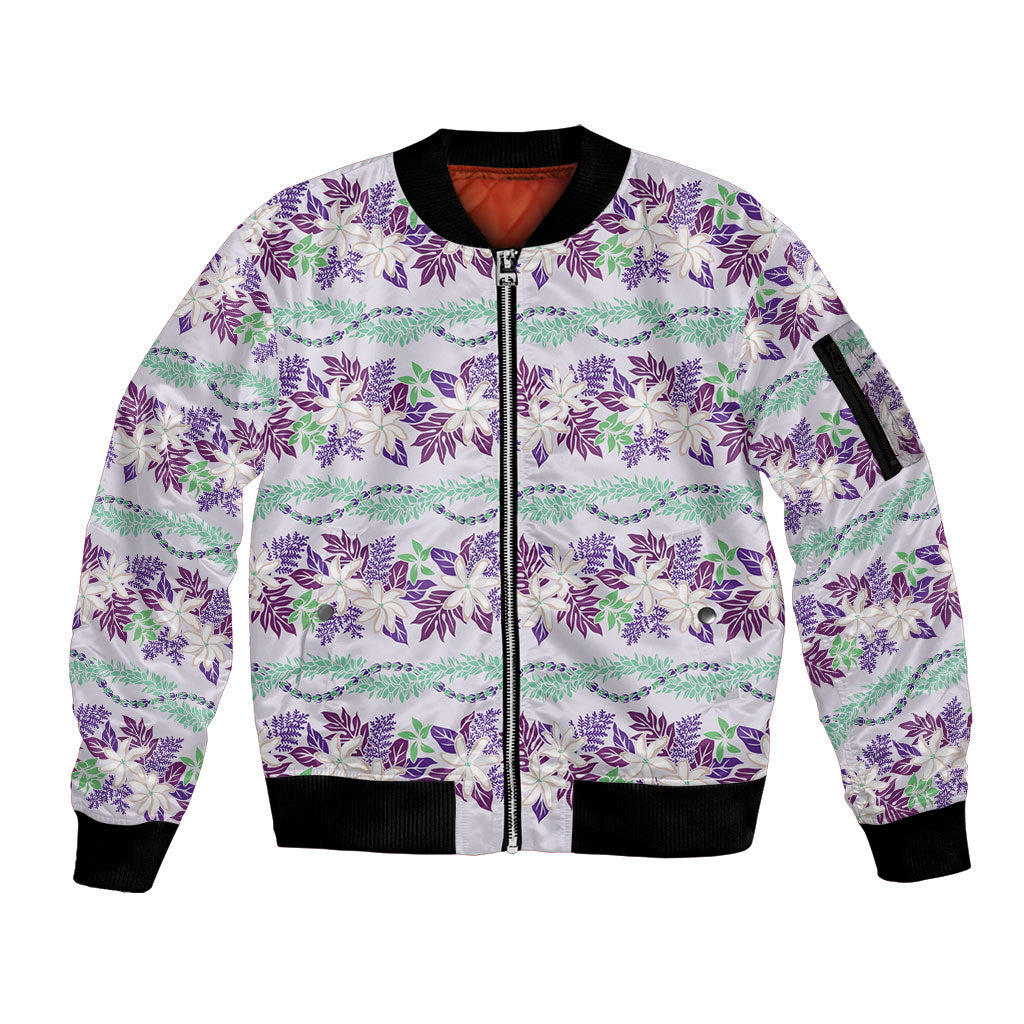 Monstera Tiare Plumeria Lei Pattern Sleeve Zip Bomber Jacket Purple Version LT01 Unisex Purple - Polynesian Pride
