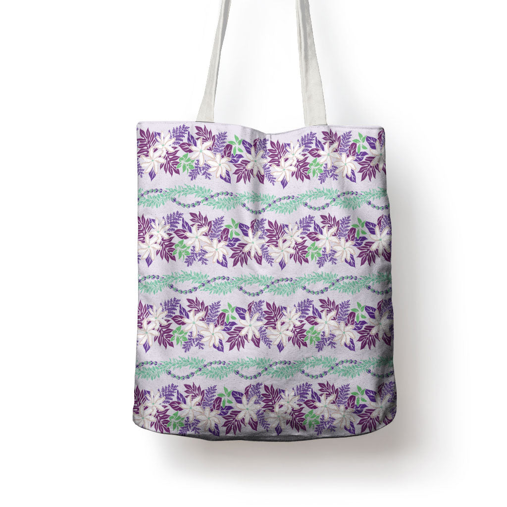 Monstera Tiare Plumeria Lei Pattern Tote Bag Purple Version LT01 - Polynesian Pride