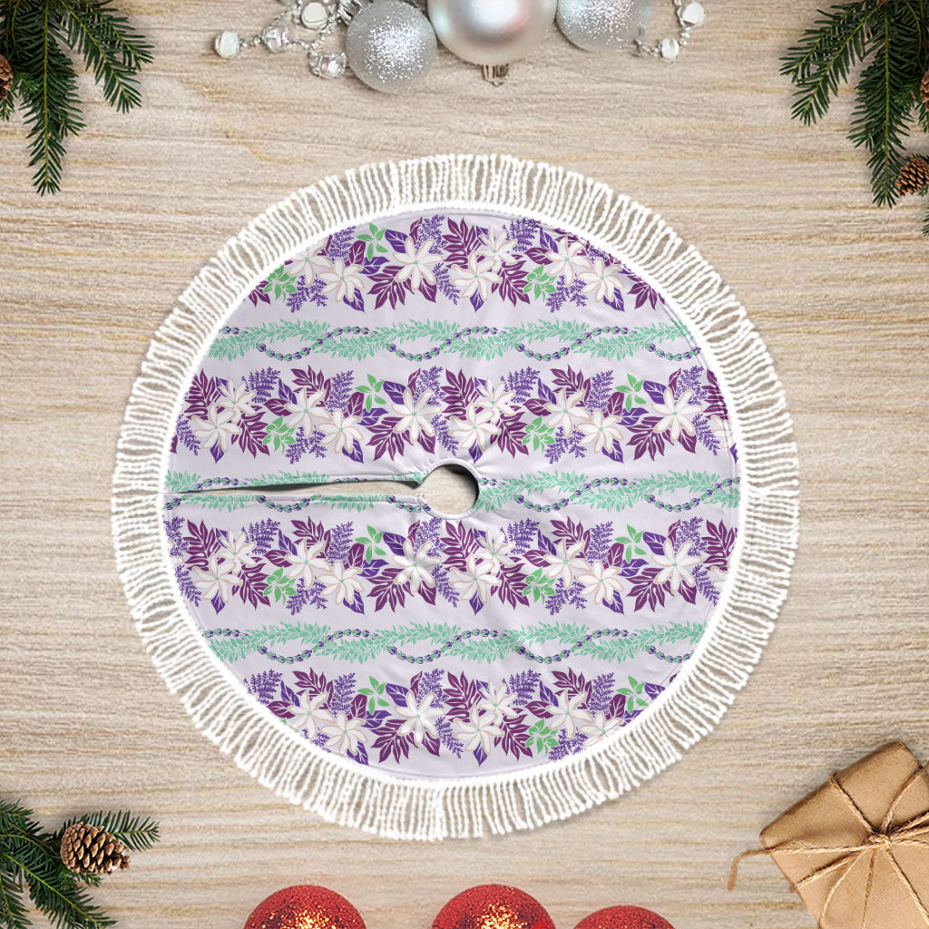 Monstera Tiare Plumeria Lei Pattern Tree Skirt Purple Version LT01 Fringed Purple - Polynesian Pride