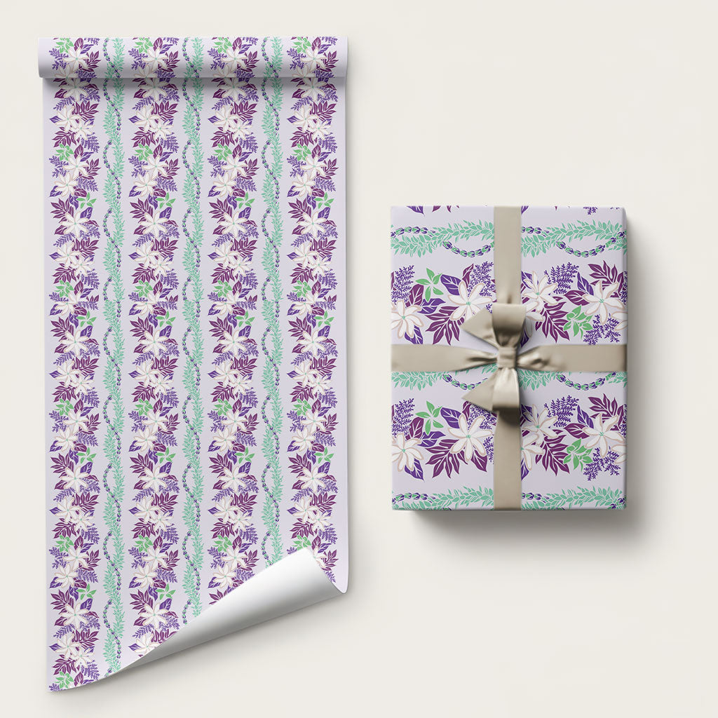 Monstera Tiare Plumeria Lei Pattern Wrapping Paper Purple Version LT01 58" × 23" Purple - Polynesian Pride