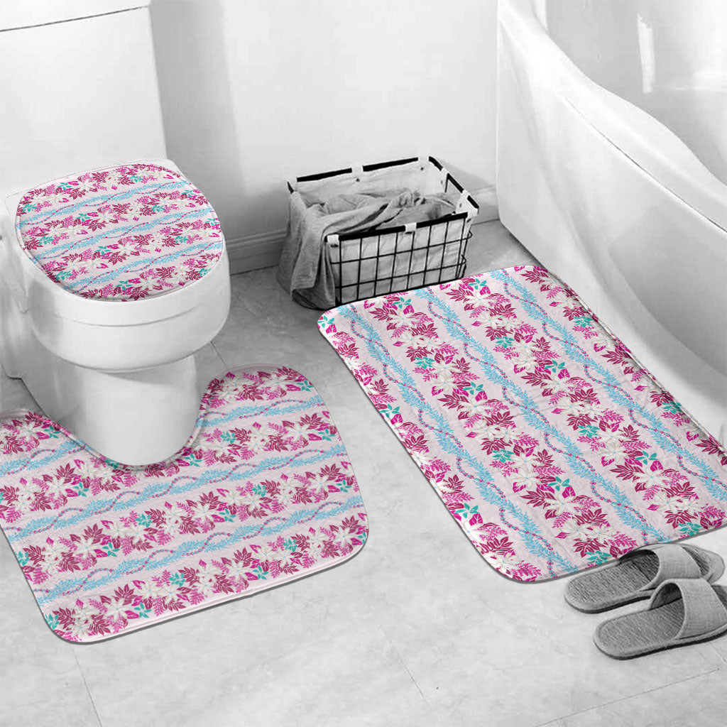 Monstera Tiare Plumeria Lei Pattern Bathroom Set Pink Version LT01 Mat Set Only (3 pcs) One Size Pink - Polynesian Pride