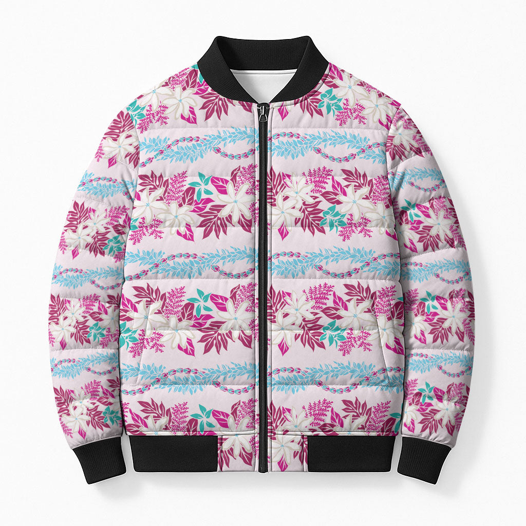 Monstera Tiare Plumeria Lei Pattern Bomber Puffer Jacket Pink Version LT01 Unisex Pink - Polynesian Pride