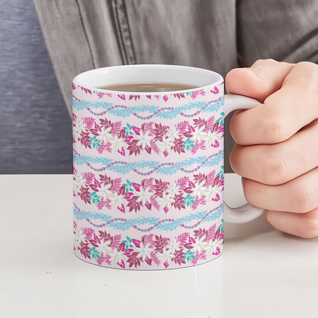 Monstera Tiare Plumeria Lei Pattern Ceramic Mug Pink Version LT01 - Polynesian Pride