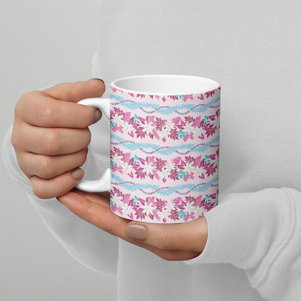 Monstera Tiare Plumeria Lei Pattern Ceramic Mug Pink Version LT01 - Polynesian Pride