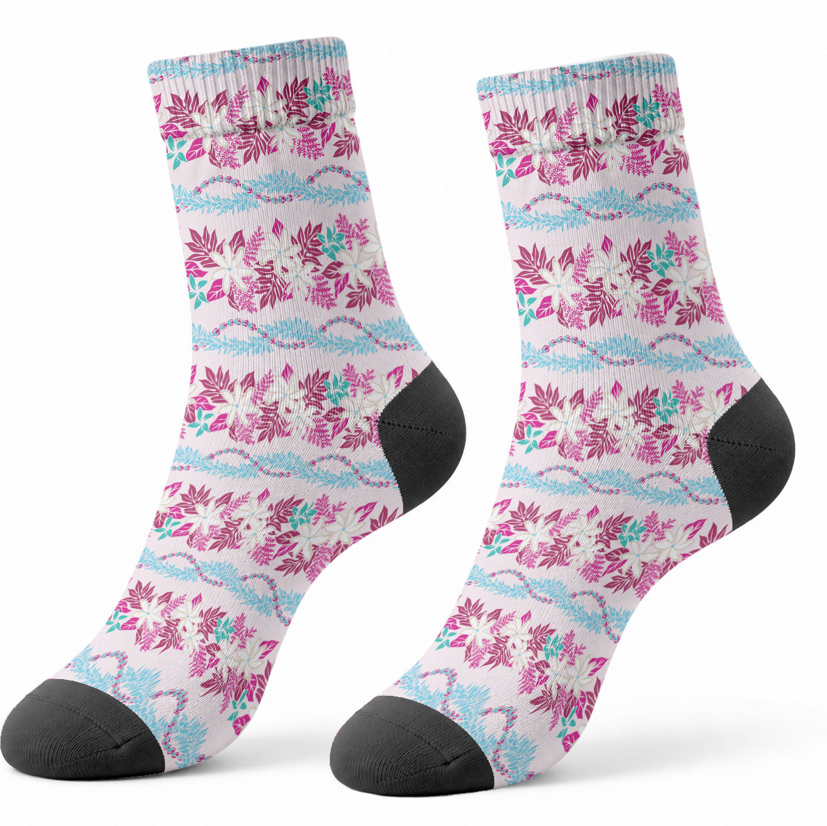 Monstera Tiare Plumeria Lei Pattern Crew Socks Pink Version LT01 - Polynesian Pride