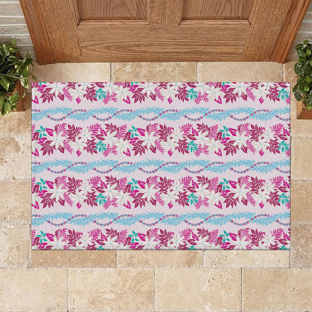 Monstera Tiare Plumeria Lei Pattern Rubber Doormat Pink Version