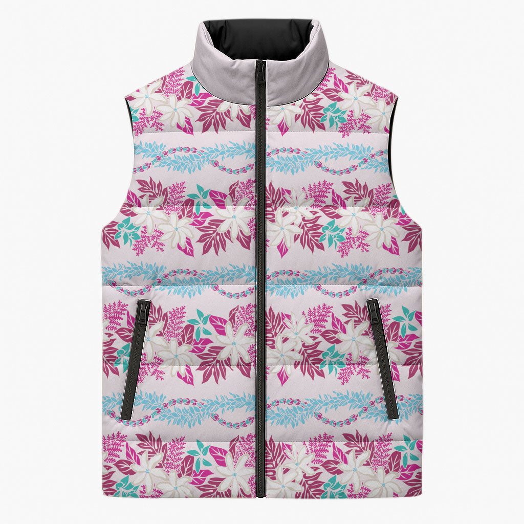 Monstera Tiare Plumeria Lei Pattern Sleeveless Puffer Jacket Pink Version LT01 Unisex Pink - Polynesian Pride