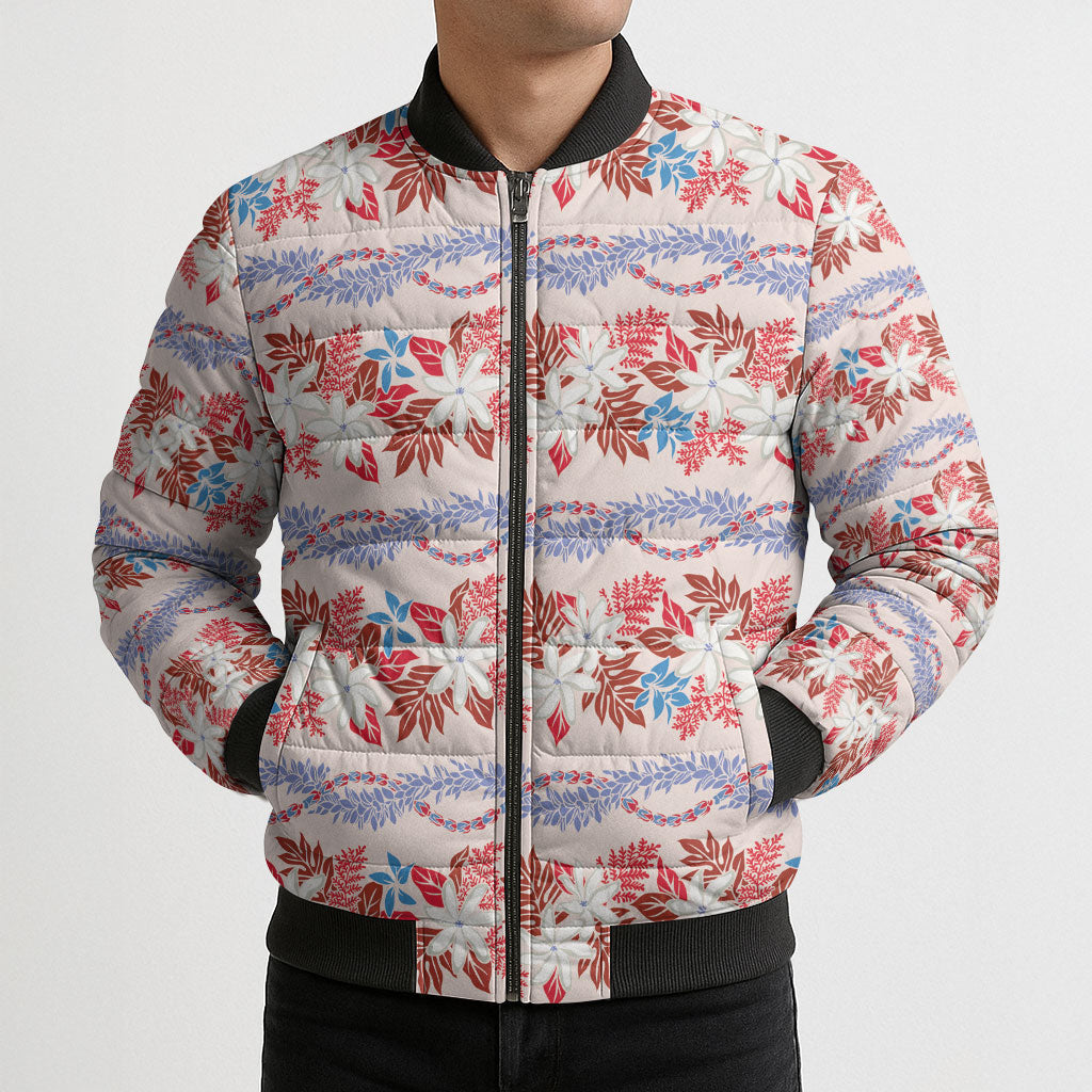 Monstera Tiare Plumeria Lei Pattern Bomber Puffer Jacket Red Version LT01 - Polynesian Pride