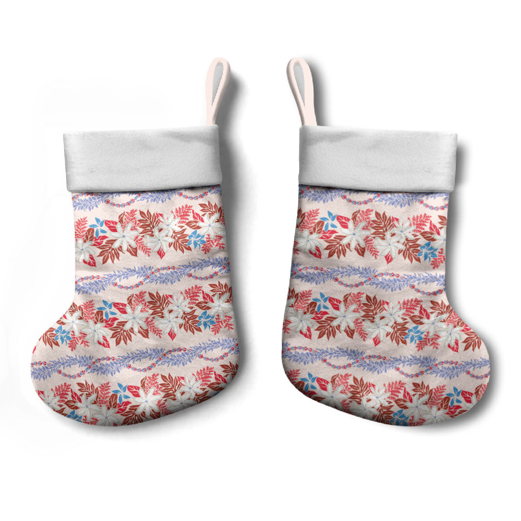 Monstera Tiare Plumeria Lei Pattern Christmas Stocking Red Version LT01 - Polynesian Pride
