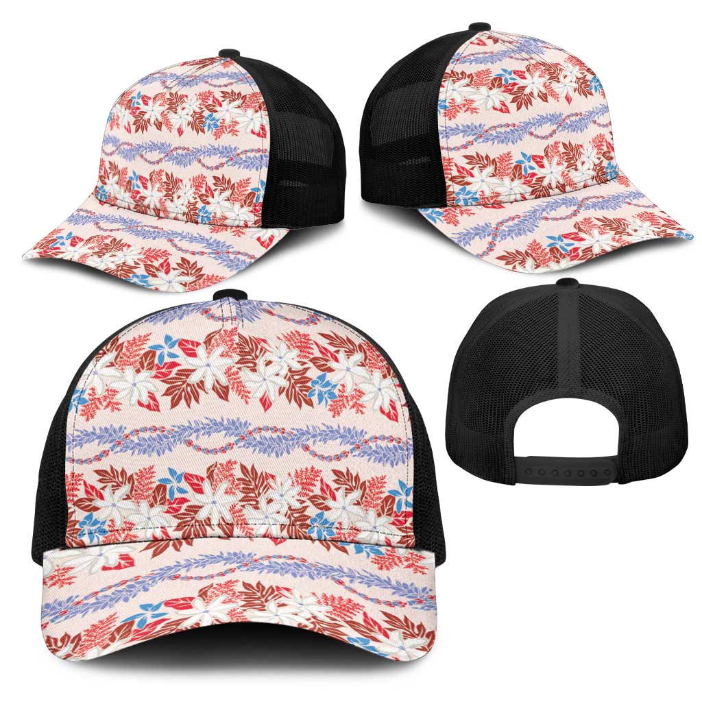 Monstera Tiare Plumeria Lei Pattern Mesh Trucker Cap Red Version LT01 - Polynesian Pride