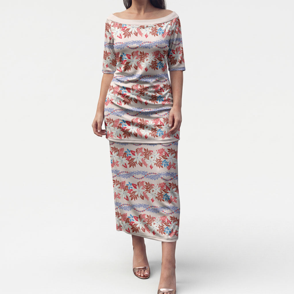 Monstera Tiare Plumeria Lei Pattern Puletasi Red Version LT01 Long Dress Red - Polynesian Pride