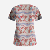 Monstera Tiare Plumeria Lei Pattern Scrub Top Red Version LT01 - Polynesian Pride