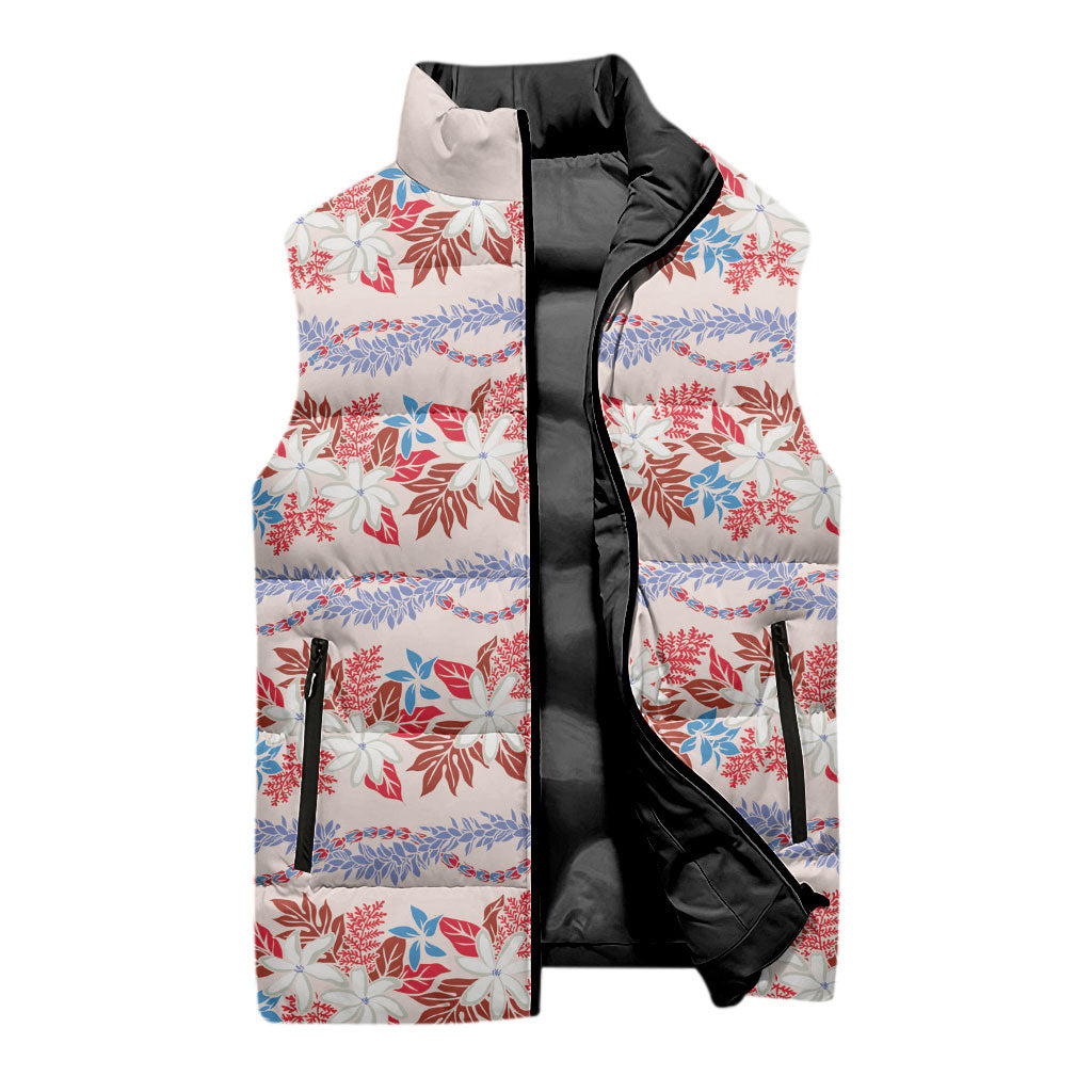 Monstera Tiare Plumeria Lei Pattern Sleeveless Puffer Jacket Red Version LT01 - Polynesian Pride