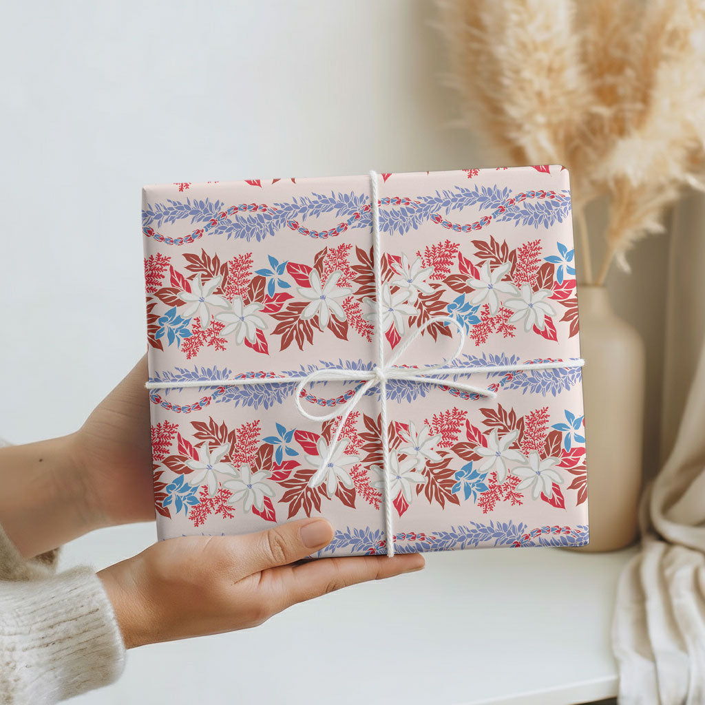 Monstera Tiare Plumeria Lei Pattern Wrapping Paper Red Version LT01 - Polynesian Pride