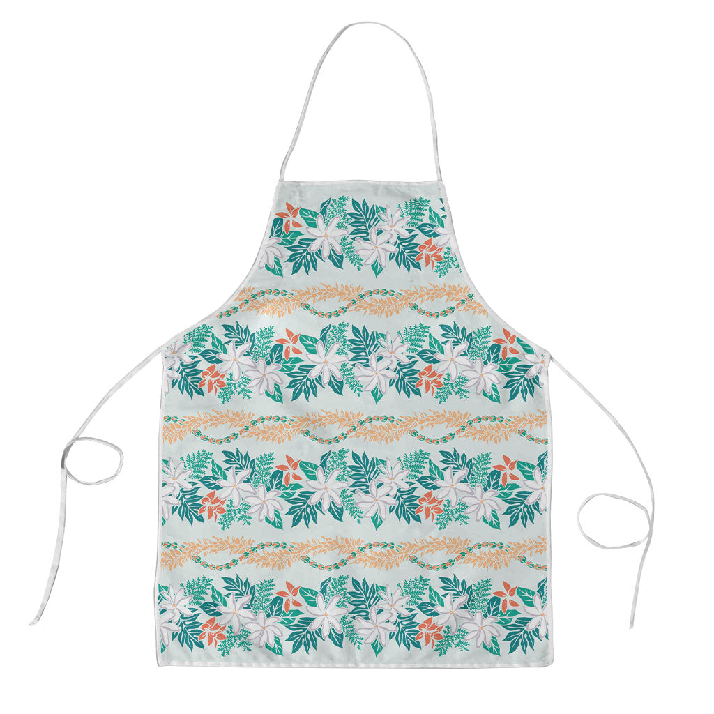 Monstera Tiare Plumeria Lei Pattern Apron Teal Version