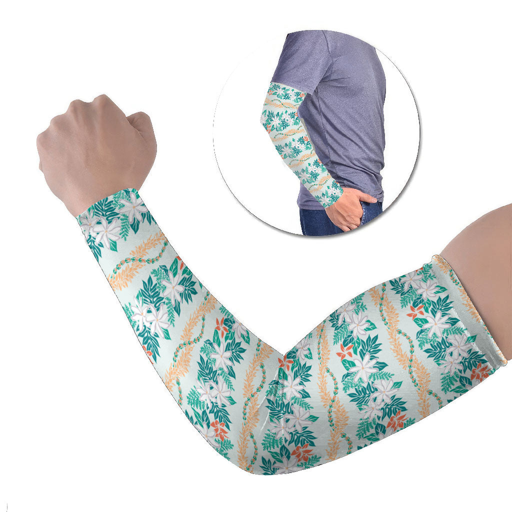 Monstera Tiare Plumeria Lei Pattern Arm Sleeves Teal Version