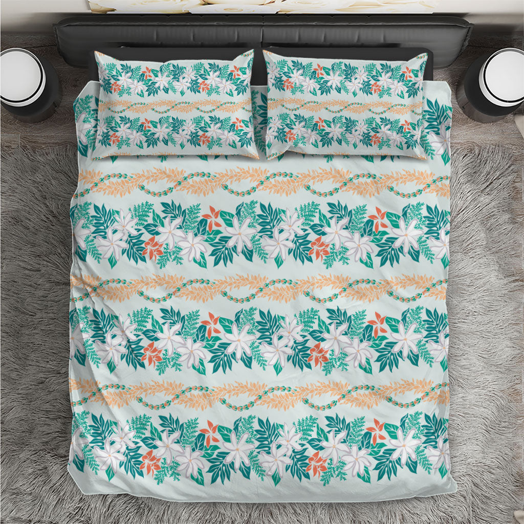 Monstera Tiare Plumeria Lei Pattern Bedding Set Teal Version