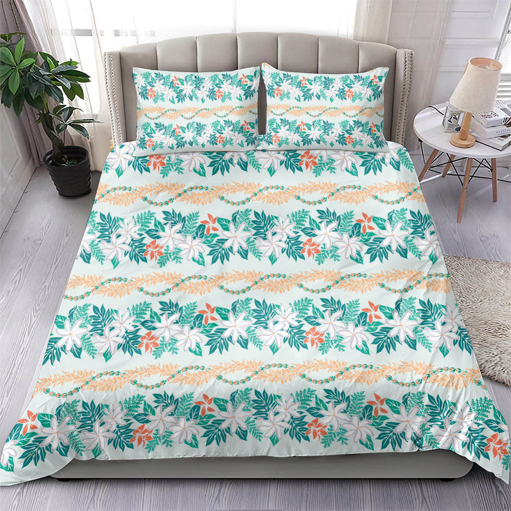 Monstera Tiare Plumeria Lei Pattern Bedding Set Teal Version