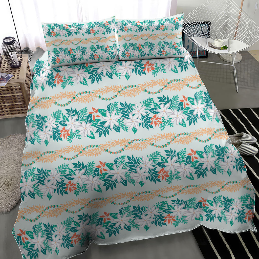 Monstera Tiare Plumeria Lei Pattern Bedding Set Teal Version