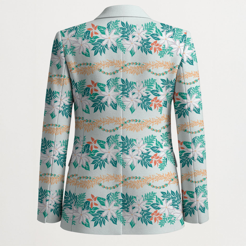 Monstera Tiare Plumeria Lei Pattern Blazer Teal Version