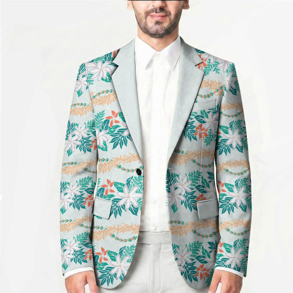Monstera Tiare Plumeria Lei Pattern Blazer Teal Version