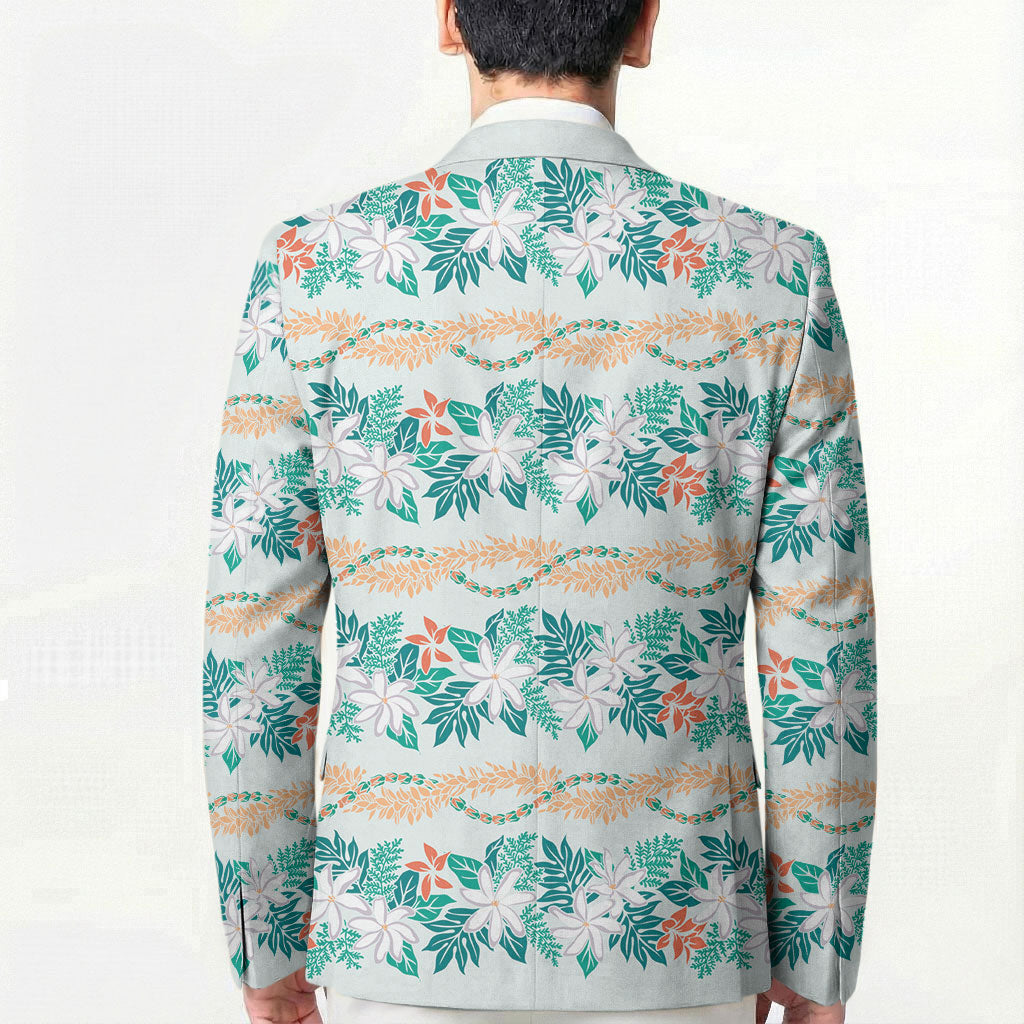 Monstera Tiare Plumeria Lei Pattern Blazer Teal Version