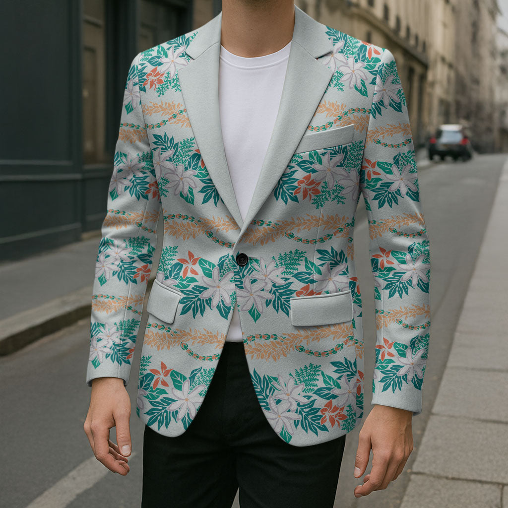 Monstera Tiare Plumeria Lei Pattern Blazer Teal Version