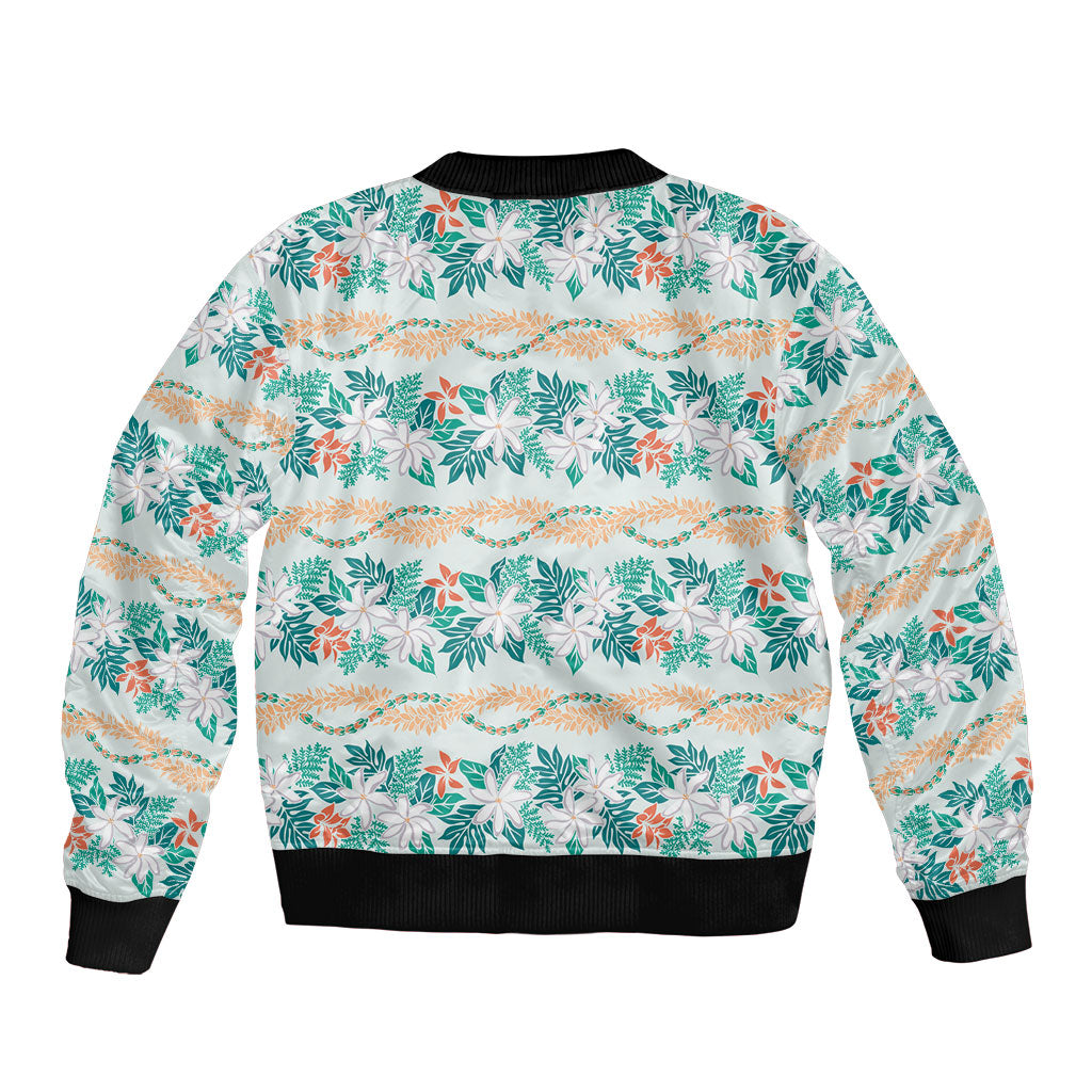 Monstera Tiare Plumeria Lei Pattern Bomber Jacket Teal Version LT01 - Polynesian Pride