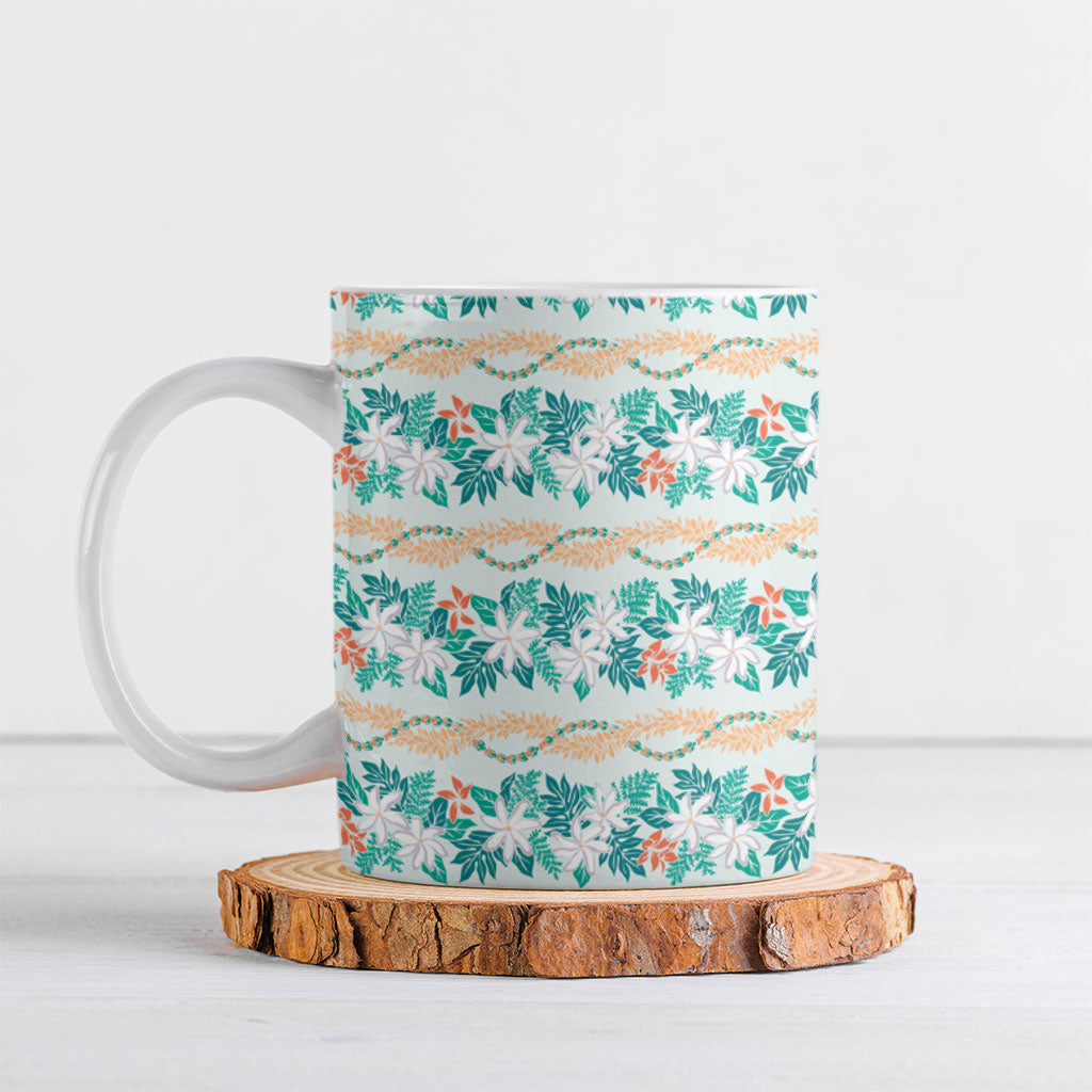Monstera Tiare Plumeria Lei Pattern Ceramic Mug Teal Version