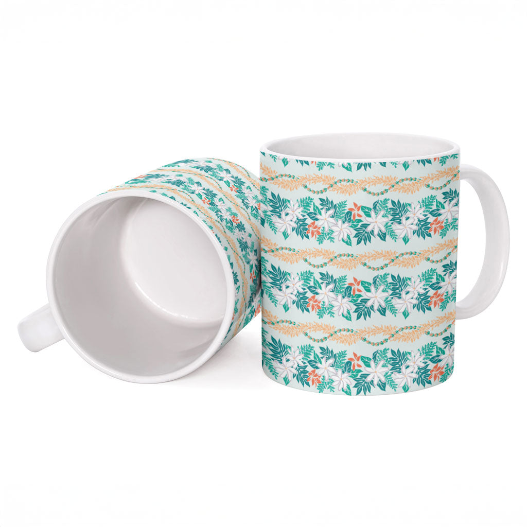 Monstera Tiare Plumeria Lei Pattern Ceramic Mug Teal Version