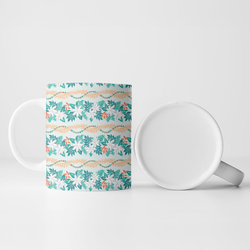 Monstera Tiare Plumeria Lei Pattern Ceramic Mug Teal Version