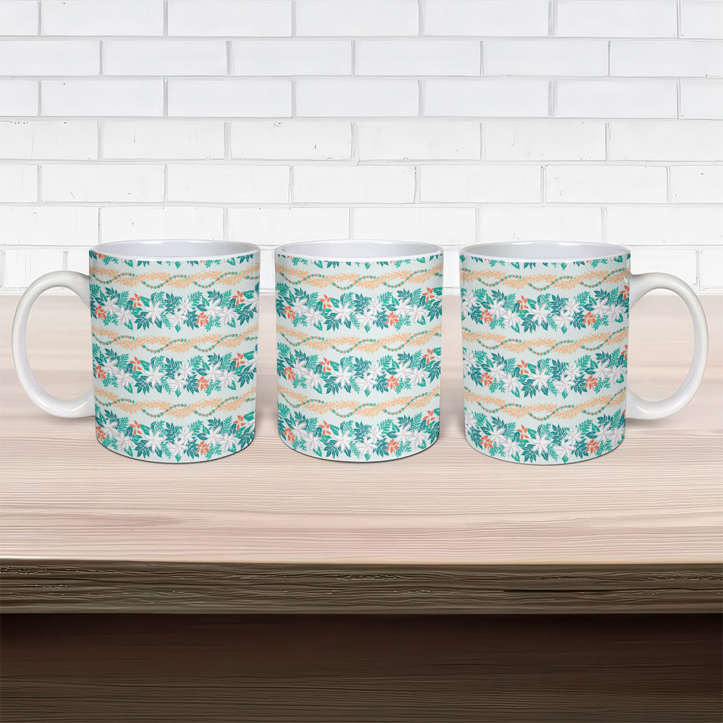 Monstera Tiare Plumeria Lei Pattern Ceramic Mug Teal Version