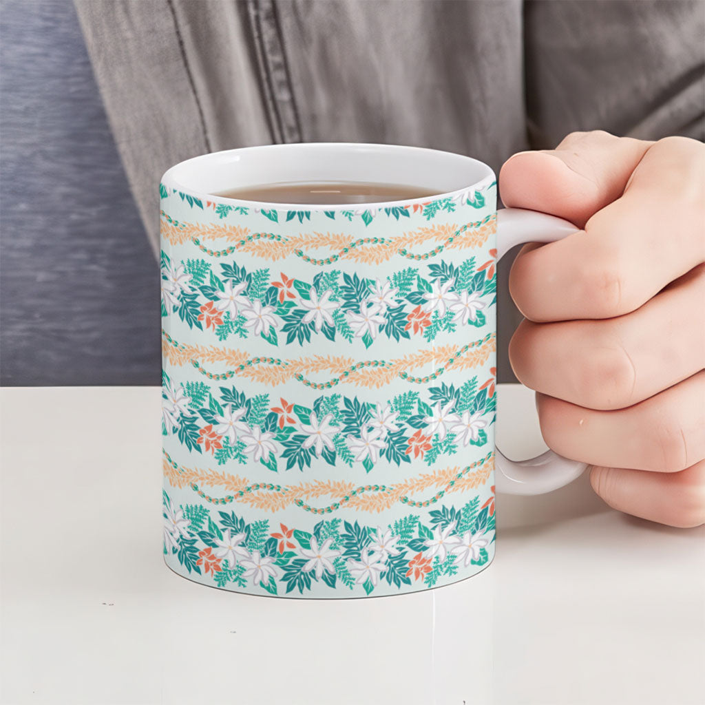 Monstera Tiare Plumeria Lei Pattern Ceramic Mug Teal Version