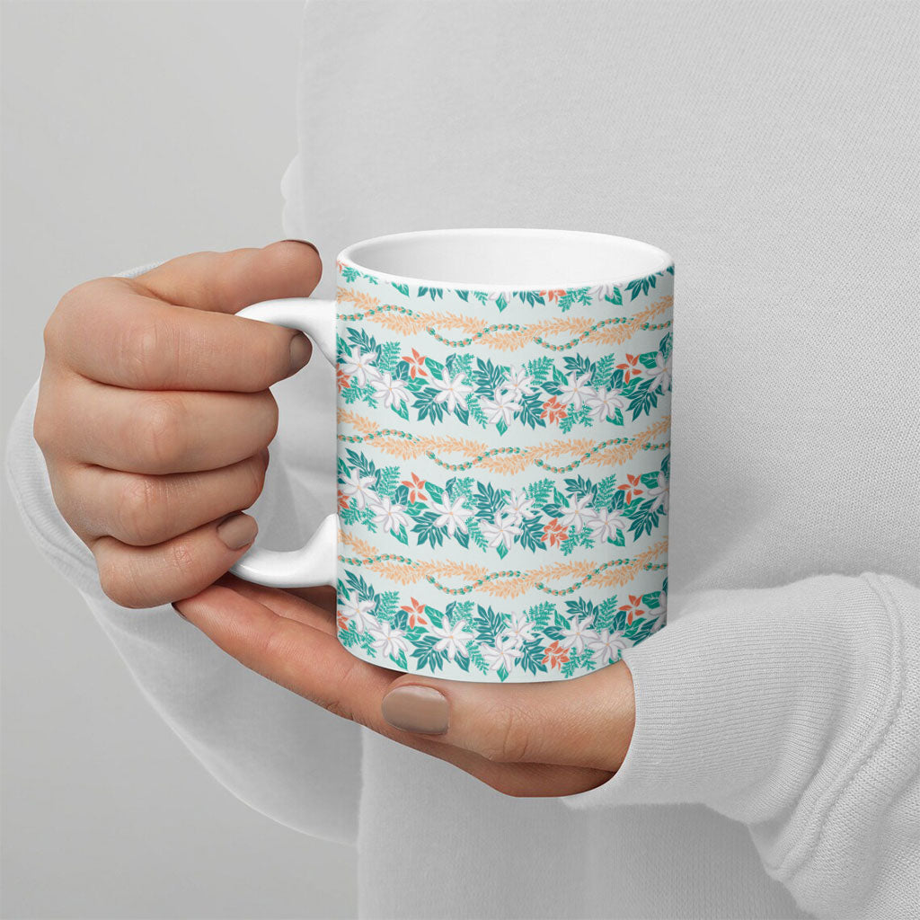 Monstera Tiare Plumeria Lei Pattern Ceramic Mug Teal Version