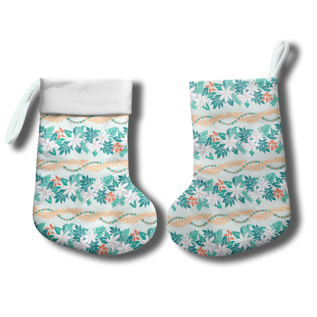 Monstera Tiare Plumeria Lei Pattern Christmas Stocking Teal Version LT01 - Polynesian Pride