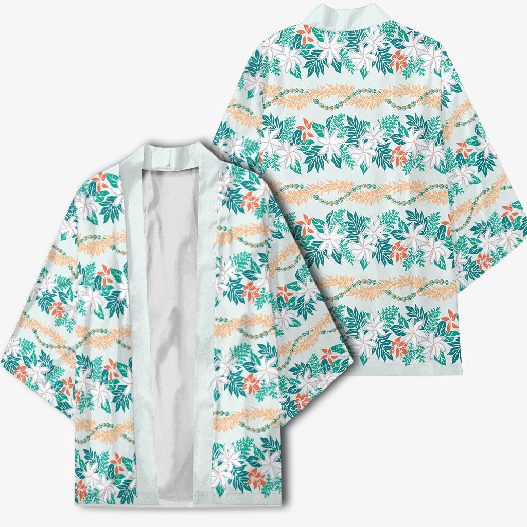 Monstera Tiare Plumeria Lei Pattern Kimono Teal Version LT01 - Polynesian Pride
