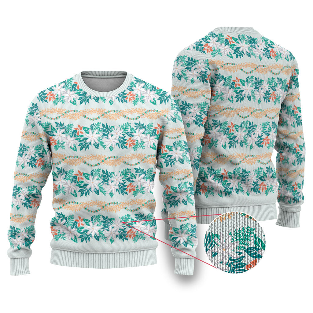 Monstera Tiare Plumeria Lei Pattern Ugly Christmas Sweater Teal Version