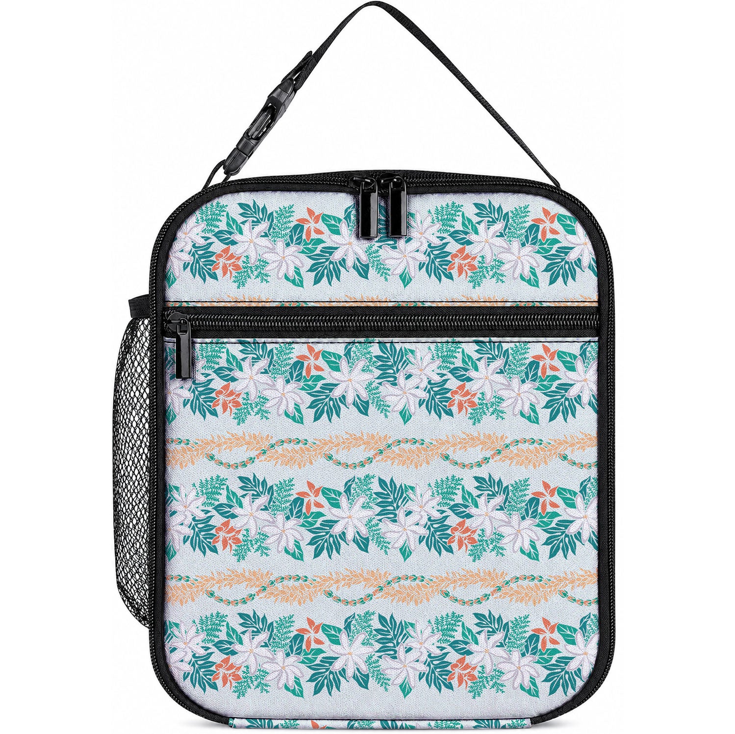 Monstera Tiare Plumeria Lei Pattern Lunch Bag Teal Version