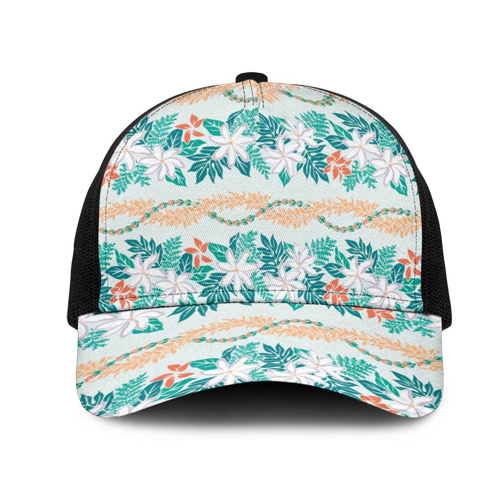 Monstera Tiare Plumeria Lei Pattern Mesh Trucker Cap Teal Version LT01 One Size Black Teal - Polynesian Pride