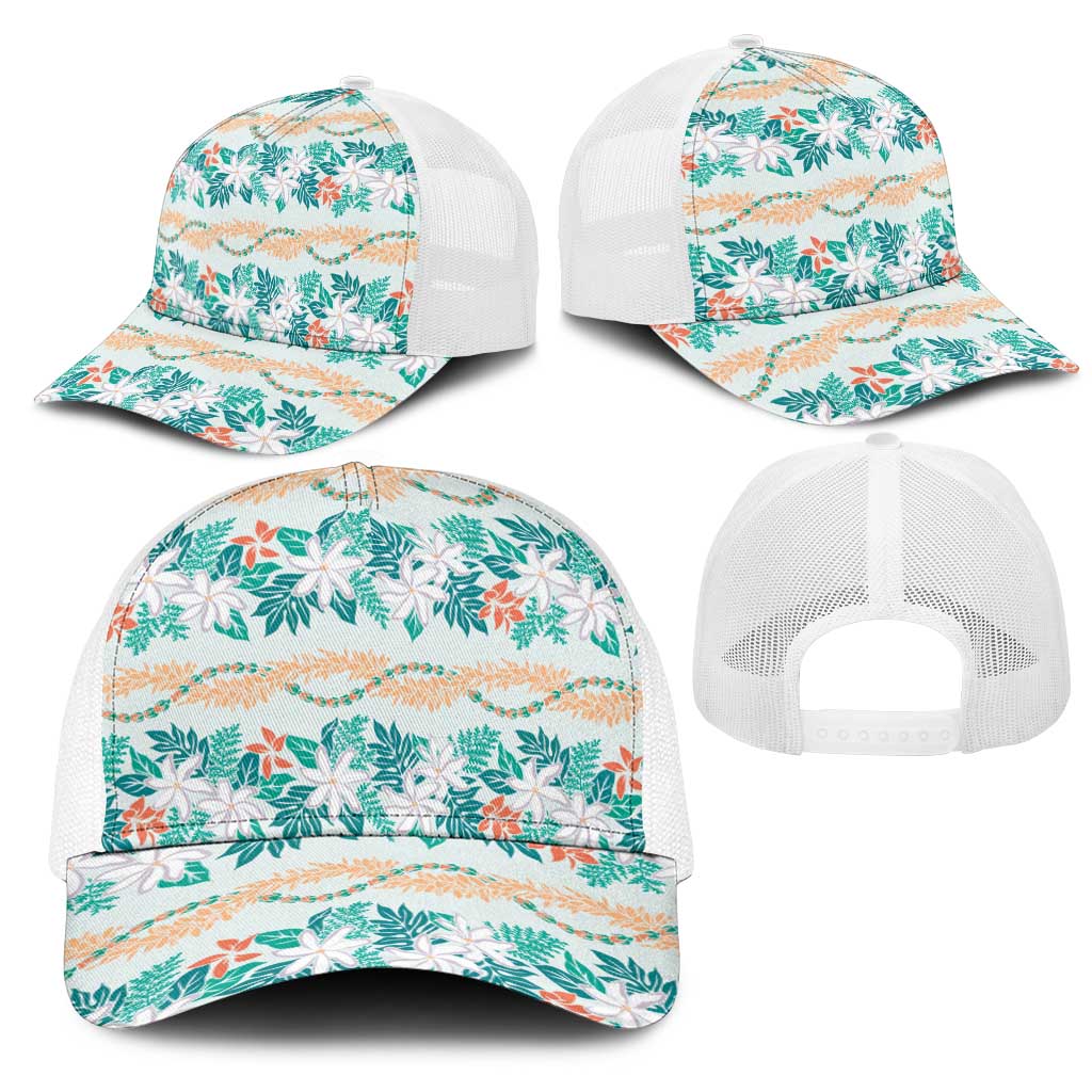 Monstera Tiare Plumeria Lei Pattern Mesh Trucker Cap Teal Version LT01 - Polynesian Pride