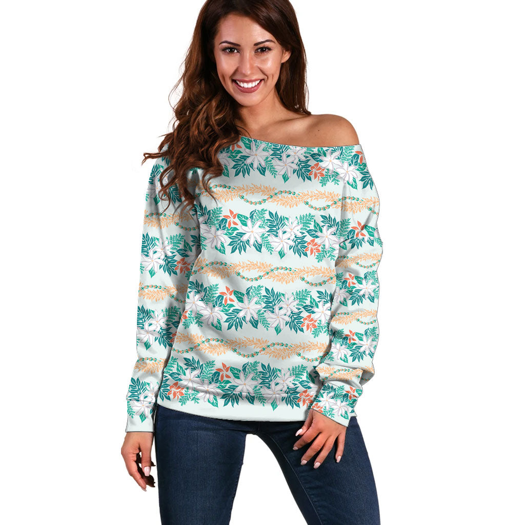 Monstera Tiare Plumeria Lei Pattern Off Shoulder Sweater Teal Version LT01 Women Teal - Polynesian Pride