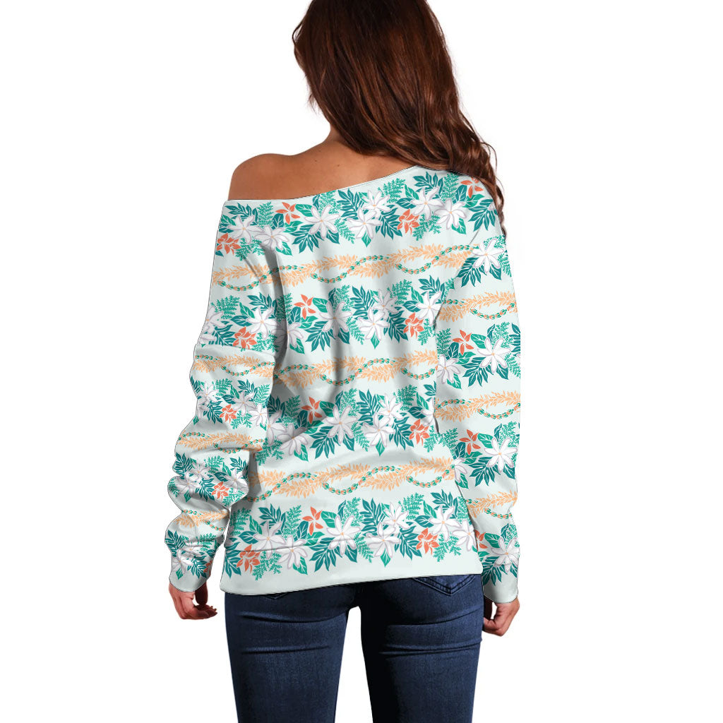 Monstera Tiare Plumeria Lei Pattern Off Shoulder Sweater Teal Version LT01 - Polynesian Pride