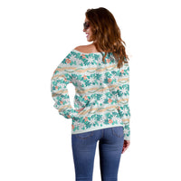 Monstera Tiare Plumeria Lei Pattern Off Shoulder Sweater Teal Version LT01 - Polynesian Pride